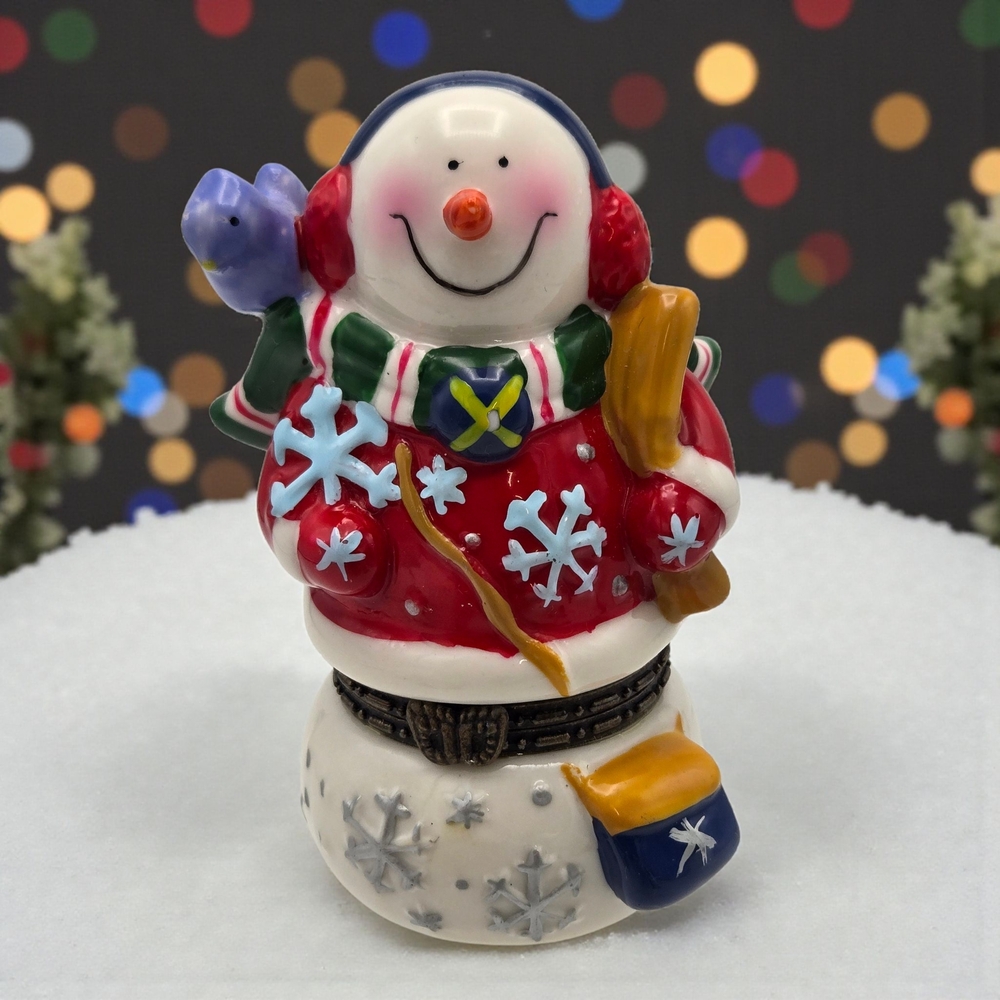 Porcelain Hinged Trinket Box Snowman Bird Holiday Christmas PHB